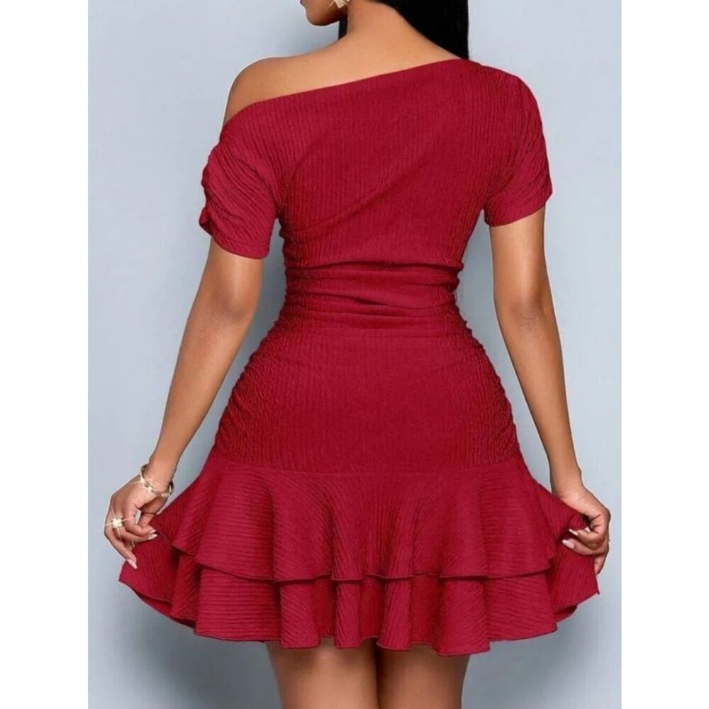 Off-Shoulder Textured Bodycon Ruched Ruffle Hem Dress in Deep Red - Picture 2 of 7